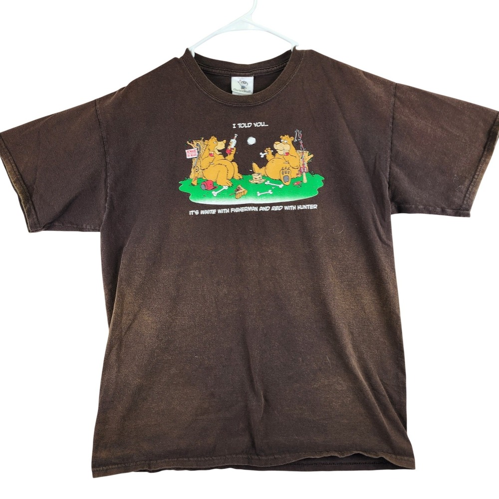 Vintage Funny Bear‎ Wine Graphic T-Shirt Hunter Fisherman Mens Large Brown